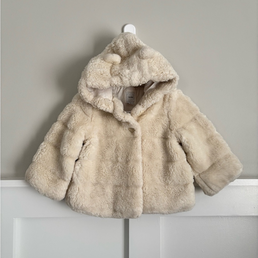 EUC GAP Baby 18-24 Month Girls Cream Faux Fur Jacket Coat w/ Hood w/ Bear Ears